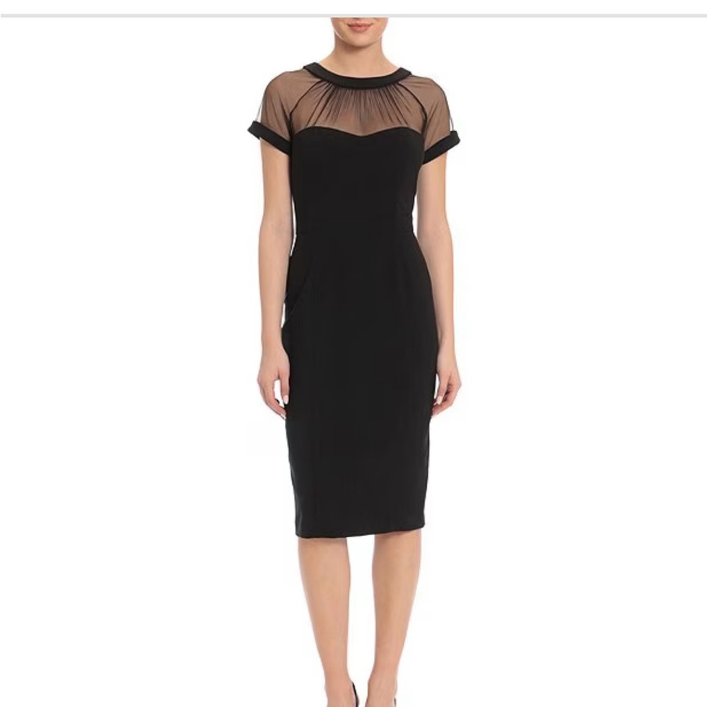 Maggy London The Illusion Sheath Dress Black Midi Dress with Sheer Detail